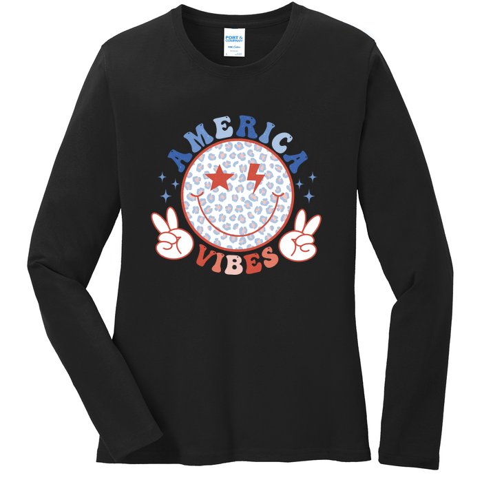 Funny Smliey Face 4th Of July America Vibes Gift Ladies Long Sleeve Shirt