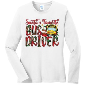 Funny Santas Favorite School Bus Driver Christmas Pajama Ladies Long Sleeve Shirt