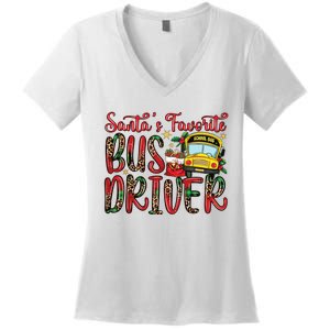 Funny Santas Favorite School Bus Driver Christmas Pajama Women's V-Neck T-Shirt