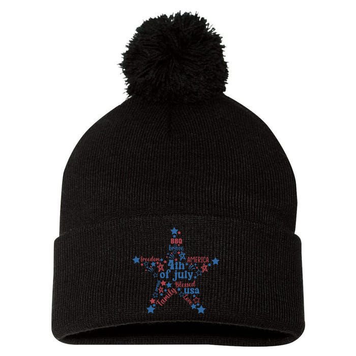 Freedom Star Fourth Of July Graphic Pom Pom 12in Knit Beanie