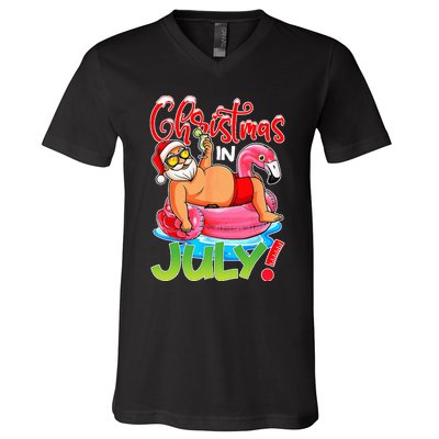 Funny Santa Flamingo Float Christmas In July Summer Vacation V-Neck T-Shirt