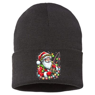 Funny Santa Fishing Merry Fishmas Christmas Fisherman Dad Sustainable Knit Beanie