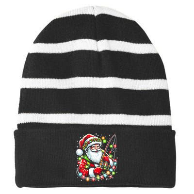 Funny Santa Fishing Merry Fishmas Christmas Fisherman Dad Striped Beanie with Solid Band