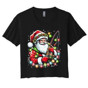 Funny Santa Fishing Merry Fishmas Christmas Fisherman Dad Women's Crop Top Tee