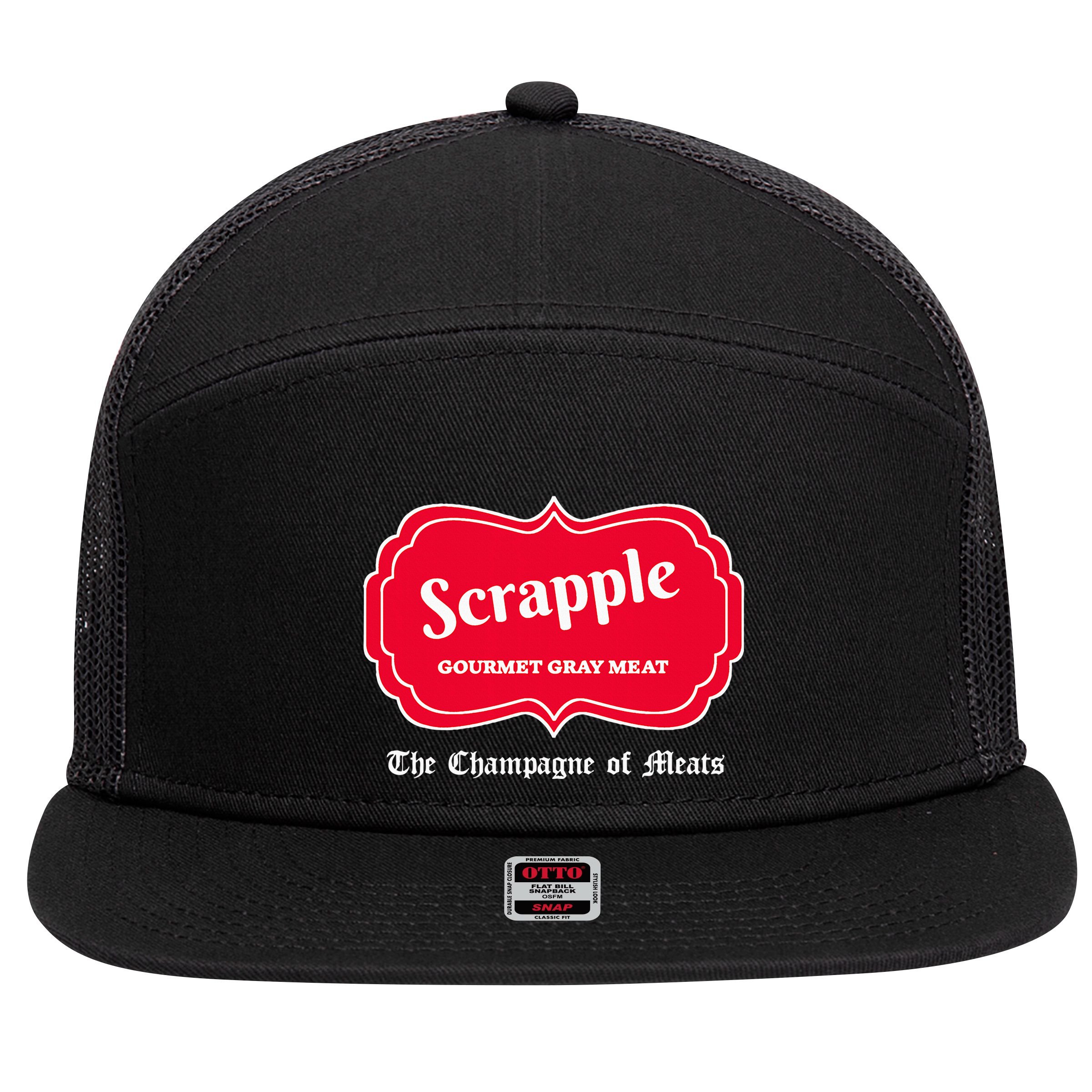 Funny Scrapple Gourmet Gray Meat Champagne Of Meats Pa Joke 7 Panel Mesh Trucker Snapback Hat