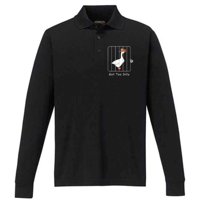 Funny Silly Goose Lover Mugshot Meme Got Too Silly Performance Long Sleeve Polo