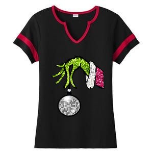 Faux Sequin Grinchmas Hand Merry Christmas Ladies Halftime Notch Neck Tee