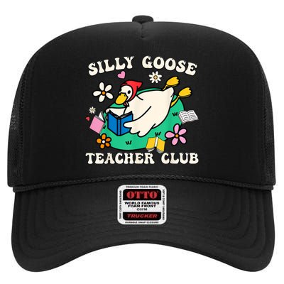 Funny Silly Goose Teacher Club Animal Lover Groovy Teacher High Crown Mesh Back Trucker Hat