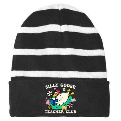 Funny Silly Goose Teacher Club Animal Lover Groovy Teacher Striped Beanie with Solid Band