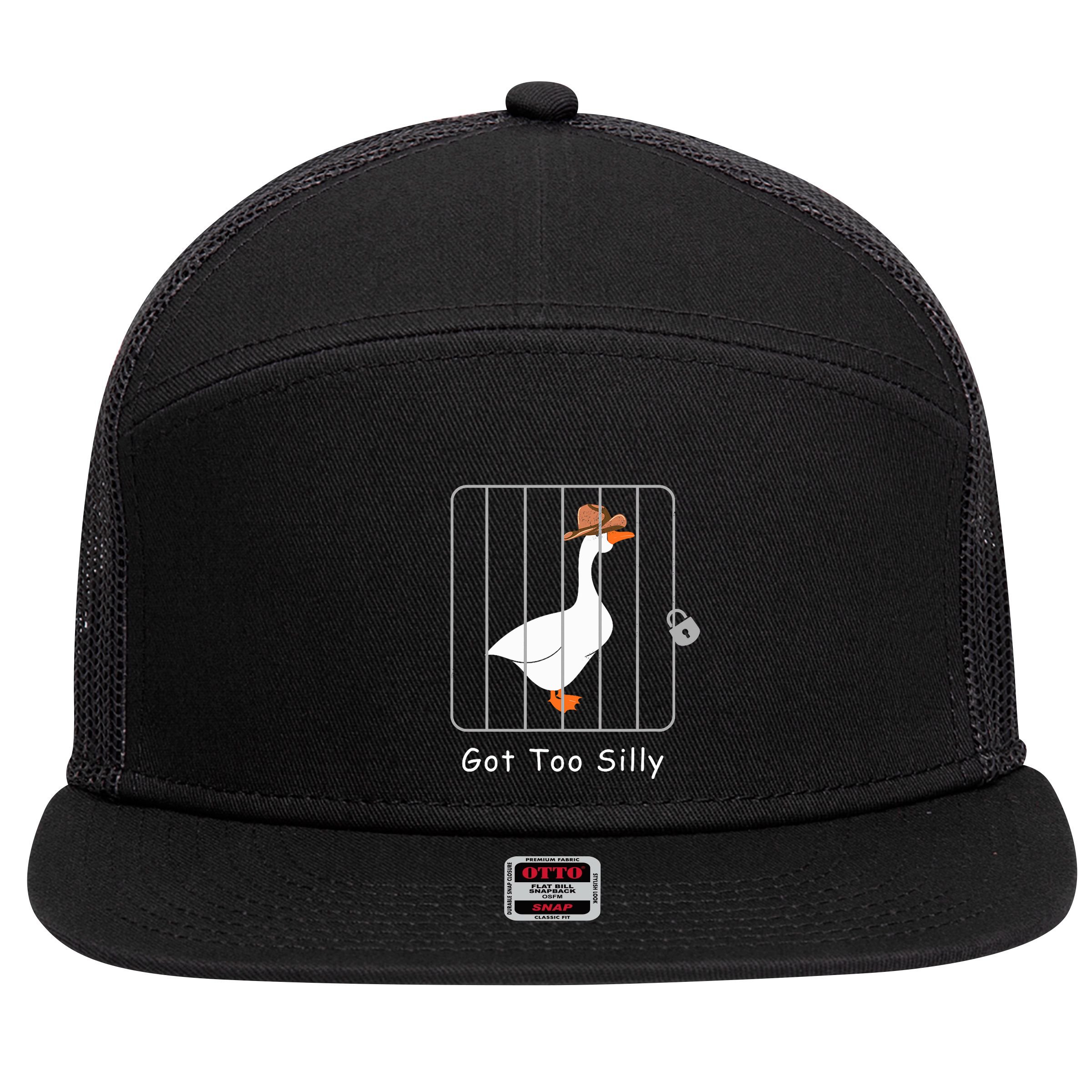 Funny Silly Goose Lover Mugshot Meme Got Too Silly 7 Panel Mesh Trucker Snapback Hat
