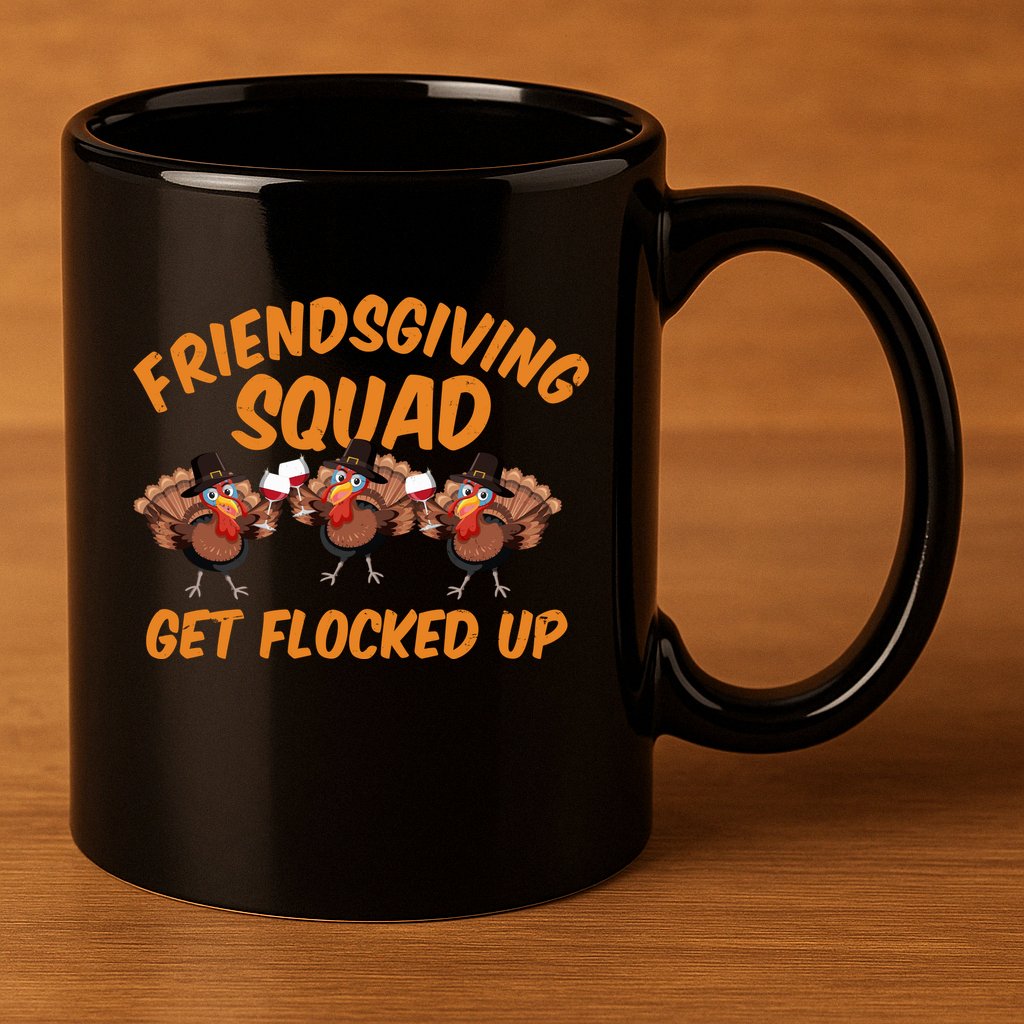 Friendsgiving Squad Get Flocked Up Funny Turkey 11oz C Handle Ceramic Mug