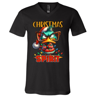 Funny Sarcastic Grumpy Duck Christmas Spirit V-Neck T-Shirt