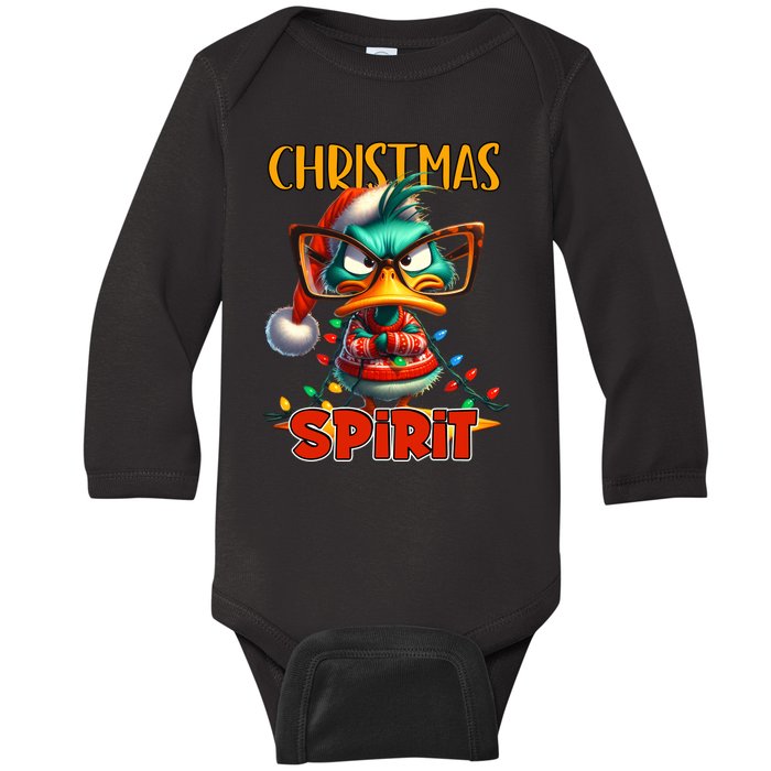 Funny Sarcastic Grumpy Duck Christmas Spirit Baby Long Sleeve Bodysuit