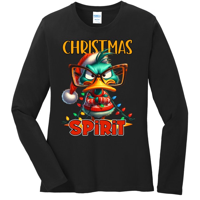 Funny Sarcastic Grumpy Duck Christmas Spirit Ladies Long Sleeve Shirt