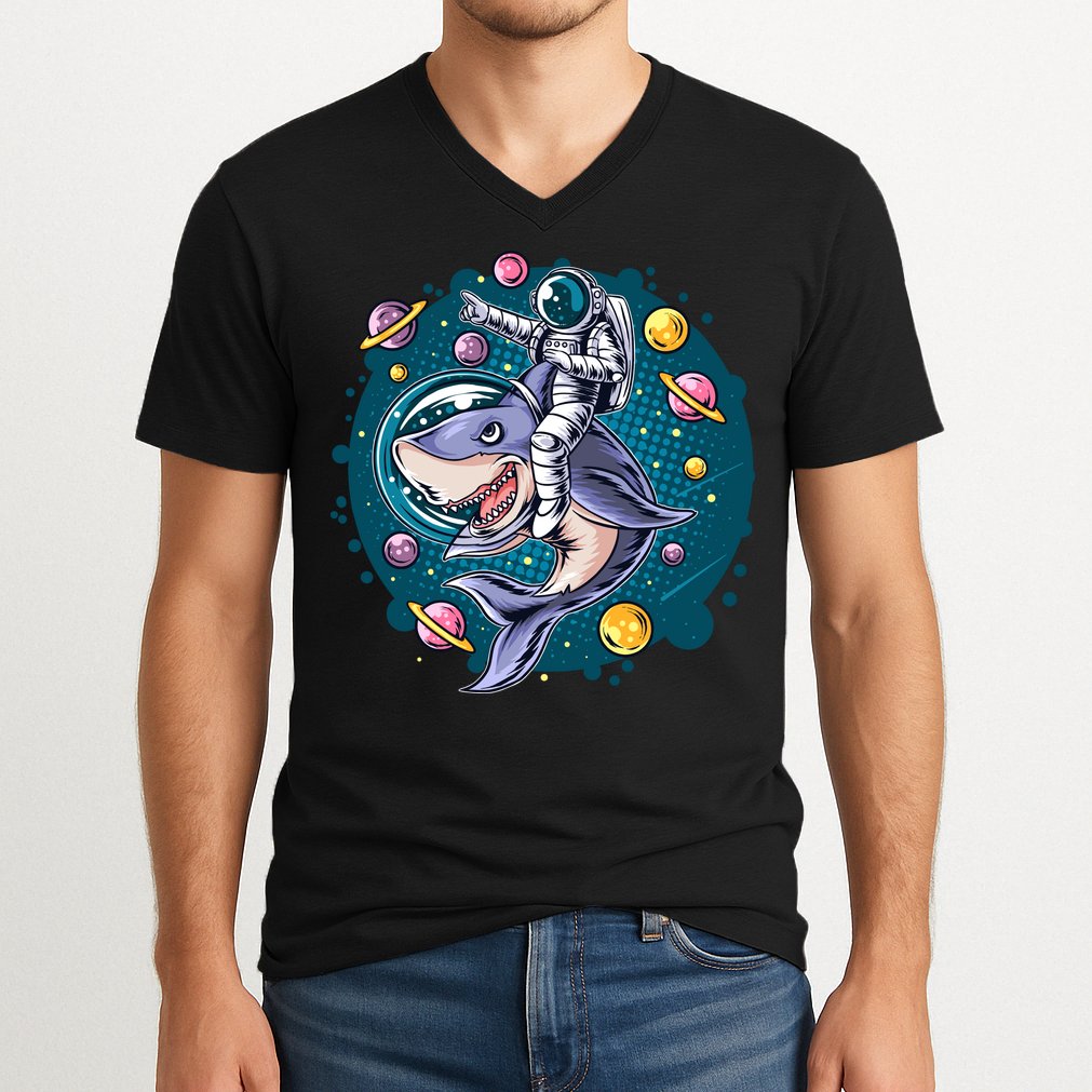 Funny Space Galaxy Astronaut Shark V-Neck T-Shirt