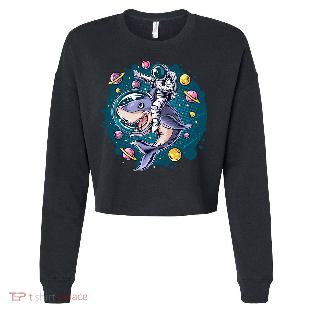 Funny Space Galaxy Astronaut Shark Cropped Pullover Crew