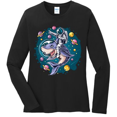 Funny Space Galaxy Astronaut Shark Ladies Long Sleeve Shirt