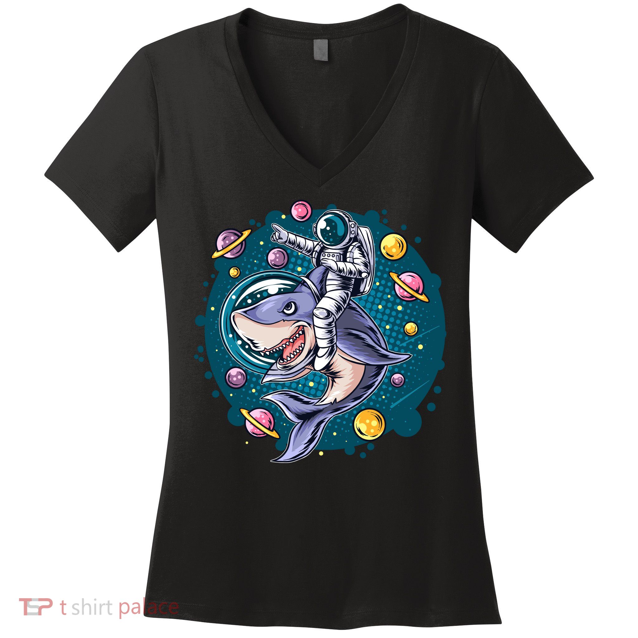 Funny Space Galaxy Astronaut Shark Women's V-Neck T-Shirt