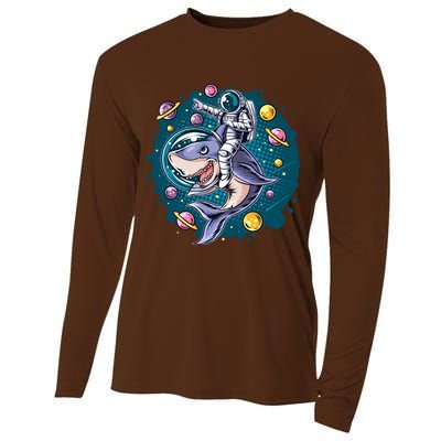 Funny Space Galaxy Astronaut Shark Cooling Performance Long Sleeve Crew