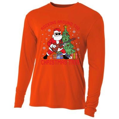 Funny Santa Guitar Players Rocking Around The Christmas Tree Meaningful Gift Cooling Performance Long Sleeve Crew