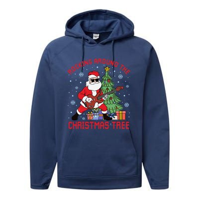 Funny Santa Guitar Players Rocking Around The Christmas Tree Meaningful Gift Performance Fleece Hoodie