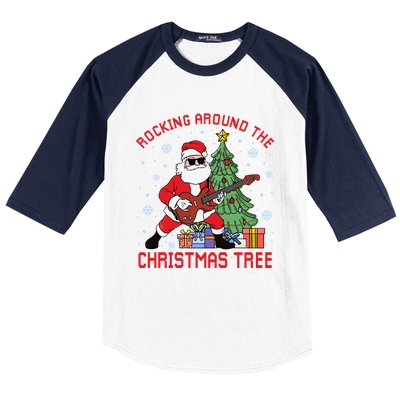 Funny Santa Guitar Players Rocking Around The Christmas Tree Meaningful Gift Baseball Sleeve Shirt