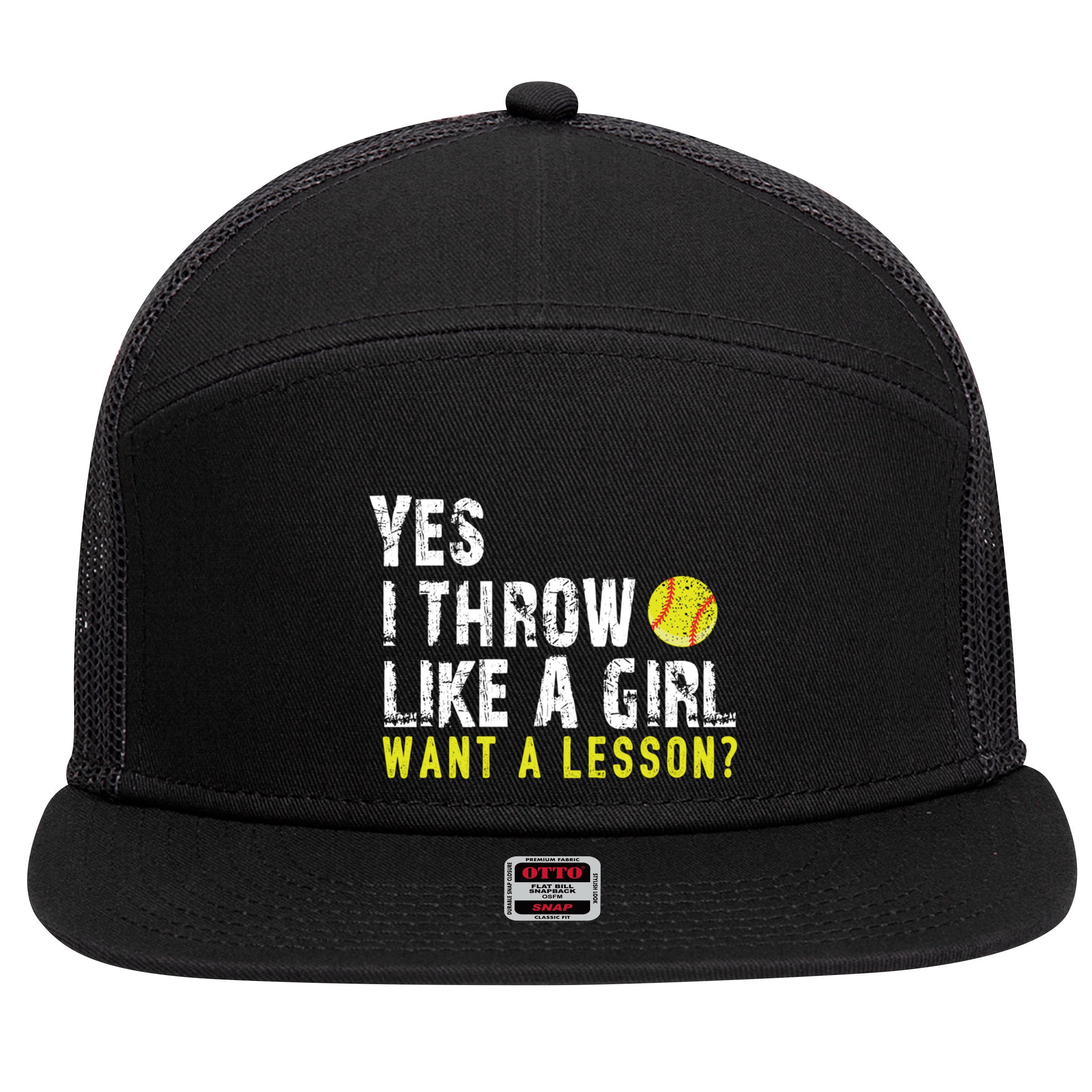 Funny Softball Gift Throw Like A Cool Gift 7 Panel Mesh Trucker Snapback Hat