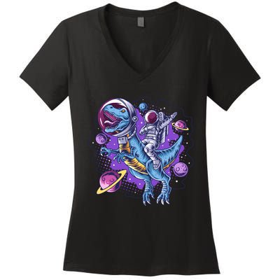 Funny Space Galaxy Astronaut Trex Dinosuar Women's V-Neck T-Shirt