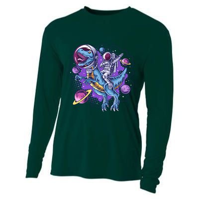 Funny Space Galaxy Astronaut Trex Dinosuar Cooling Performance Long Sleeve Crew