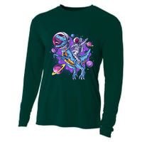 Funny Space Galaxy Astronaut Trex Dinosuar Cooling Performance Long Sleeve Crew