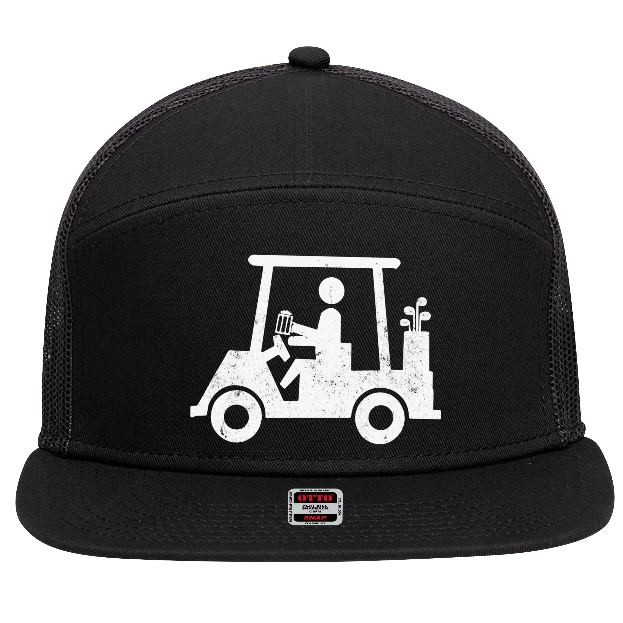 Funny Skeleton Golfer Holding A Beer in Golf Cart 7 Panel Mesh Trucker Snapback Hat