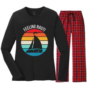 Funny Sailing Gift For Sailors Feeling Nauti Boat Sunset Women's Long Sleeve Flannel Pajama Set 