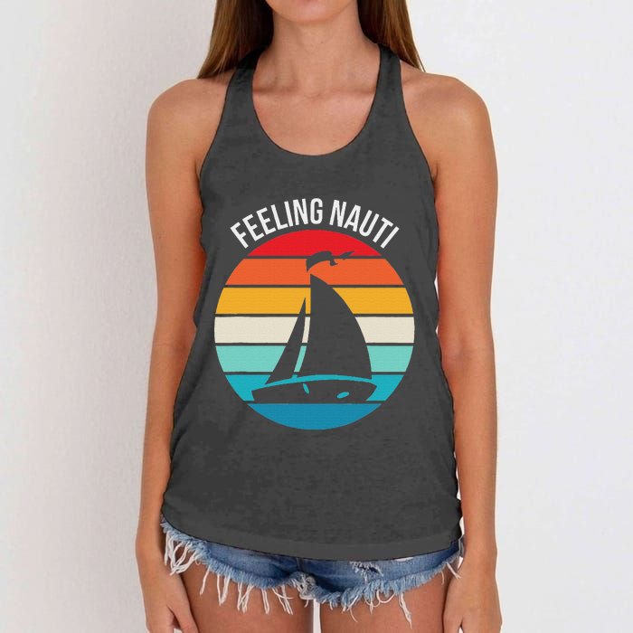 Funny Sailing Gift For Sailors Feeling Nauti Boat Sunset Women's Knotted Racerback Tank