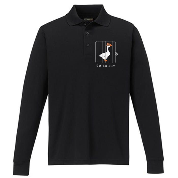 Funny Silly Goose Lover Mugshot Meme Got Too Silly Gift Performance Long Sleeve Polo