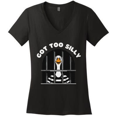 Funny Silly Goose Got Too Silly Goose In Jail Net Trapped Women's V-Neck T-Shirt