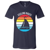 Funny Sailing Gift For Sailors 'Feeling Nauti' Boat Sunset V-Neck T-Shirt