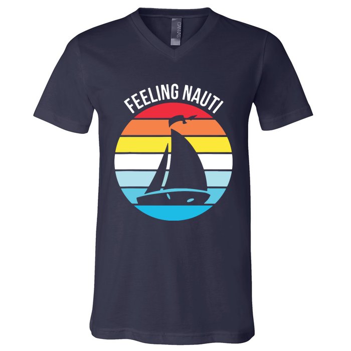 Funny Sailing Gift For Sailors 'Feeling Nauti' Boat Sunset V-Neck T-Shirt