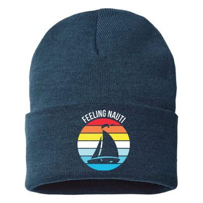 Funny Sailing Gift For Sailors 'Feeling Nauti' Boat Sunset Sustainable Knit Beanie