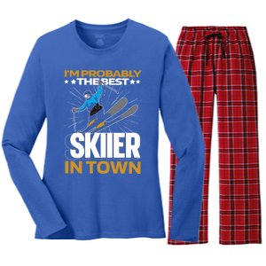 Funny Skier Gift Ski Winter Sports Skiing Gift Women's Long Sleeve Flannel Pajama Set 