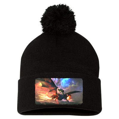 Fantasy Space Galaxy Dragon And Warrior Archer Pom Pom 12in Knit Beanie