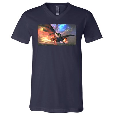 Fantasy Space Galaxy Dragon And Warrior Archer V-Neck T-Shirt