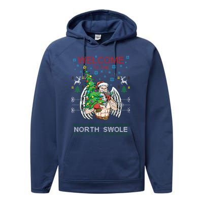 Funny Santa Gym Lifting Welcome The North Swole Tattoo Gift Performance Fleece Hoodie