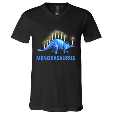 Funny Stegosaurus Hanukkah Dinosaur Menorah Dino V-Neck T-Shirt