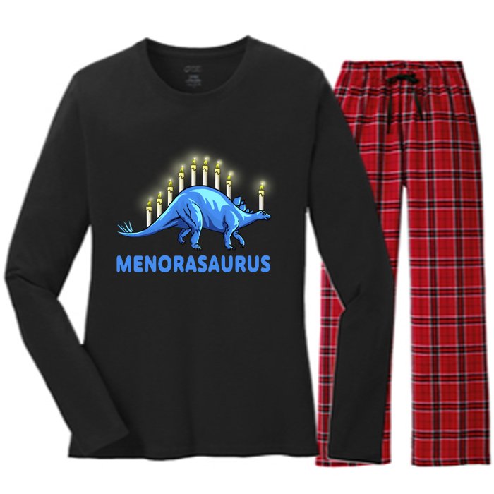 Funny Stegosaurus Hanukkah Dinosaur Menorah Dino Women's Long Sleeve Flannel Pajama Set 