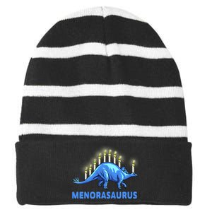 Funny Stegosaurus Hanukkah Dinosaur Menorah Dino Striped Beanie with Solid Band