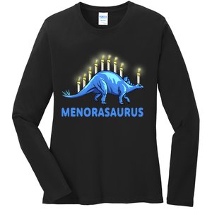 Funny Stegosaurus Hanukkah Dinosaur Menorah Dino Ladies Long Sleeve Shirt