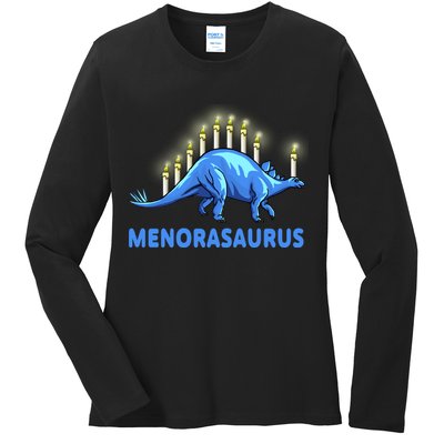 Funny Stegosaurus Hanukkah Dinosaur Menorah Dino Ladies Long Sleeve Shirt