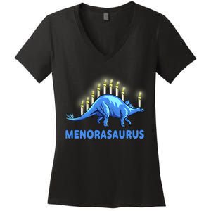 Funny Stegosaurus Hanukkah Dinosaur Menorah Dino Women's V-Neck T-Shirt