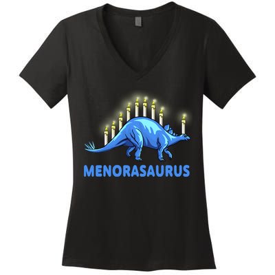Funny Stegosaurus Hanukkah Dinosaur Menorah Dino Women's V-Neck T-Shirt