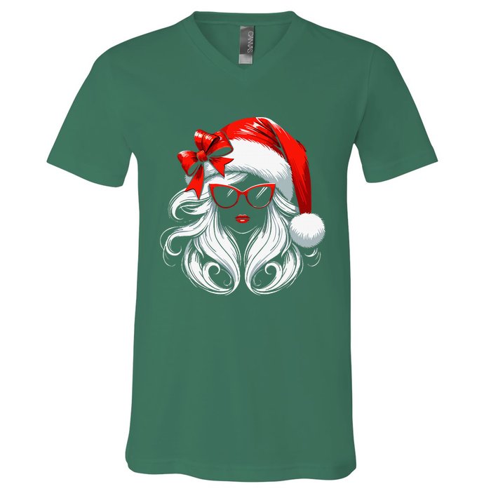 Female Santa Hat Sunglasses Grandma Mom Women Girl Christmas V-Neck T-Shirt